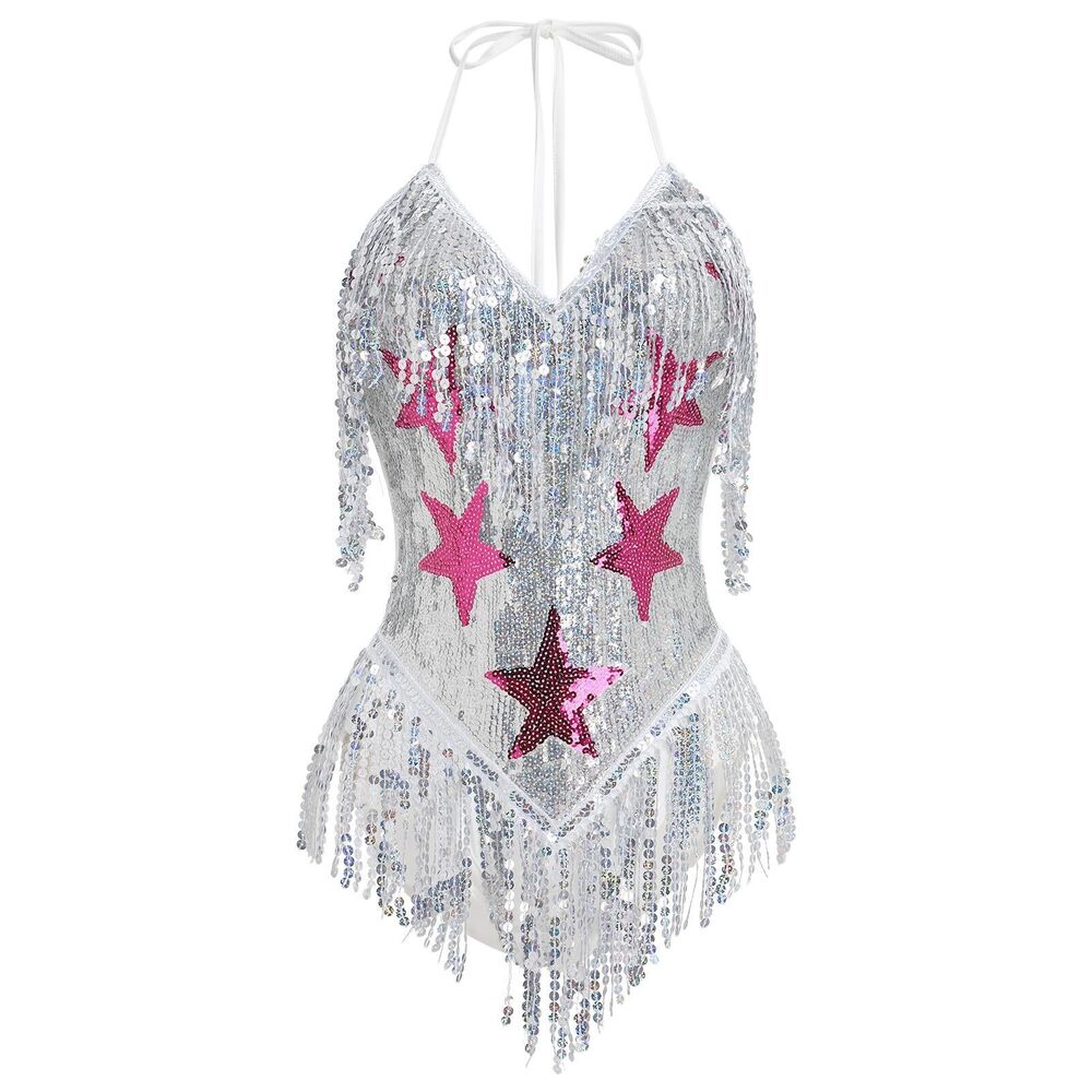 1432 Rave Outfits Music Festival Sexy Backless V Neck Star Sequins Tassel